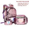 Rose gold sequined 3-piece school bag set for girls featuring unicorn horn and heart patches - Medium 3-Piece Set / Rose Gold