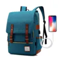 Vintage blue canvas laptop backpack with USB charging port and brown faux leather straps - Vintage Style (30527) / Upgraded With USB / Teal