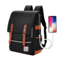 Vintage black canvas backpack with USB charging port and brown buckle straps. - Vintage Style (30527) / Upgraded With USB / Black