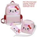 Rosa 3-teiliges Schulrucksack-Set mit Cartoon-Katze - L / Dreiteiliges Set / Rosa