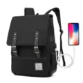 Black canvas laptop backpack with USB charging port and classic buckle design - Gold Zipper Vintage Style (30527) / Upgraded With USB / Black