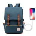 Blue retro canvas laptop backpack with USB charging port and leather straps - Vintage Style (30527) / Upgraded With USB / Dark Blue