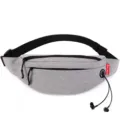 Lightweight gray travel waist bag featuring dual zipper pockets and headphone port - Gray