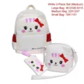 Weißes 3-teiliges Schulranzen-Set für Mädchen mit süßem Katzen-Design und Schleife - M / Dreiteiliges Set / Weiß