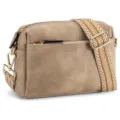 Bolso bandolera pequeño de piel sintética marrón con cremalleras y correa tejida - Tostado