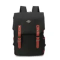 Black British style backpack for students with brown faux leather straps and metal buckles - Black