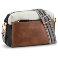 Bolso bandolera de piel para mujer con tres cremalleras y correa con estampado elegante. - Marrón con Negro