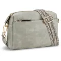 Bolso bandolera pequeño gris con tres cremalleras y correa ancha de guitarra estampada - Gris