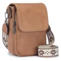 Stylish women's tan PU leather crossbody phone bag featuring a patterned wide guitar strap - Brown