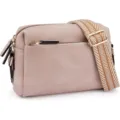 Bolso bandolera pequeño de cuero rosa empolvado con correa con patrón geométrico marrón. - Rosa