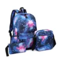 Galaxy print 3-piece backpack set including school bag, crossbody bag, and pencil case. - Three-Piece Set / Dark Blue