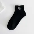Black cotton short socks for women with cute white heart embroidery, breathable casual ankle socks. - One Size / Black Heart
