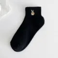 Black short cotton socks for women with cute rabbit embroidery, breathable and preppy style. - One Size / Black Rabbit