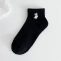 Cute black cotton short socks for women with lovely embroidered cat design breathable style - One Size / Black Cat