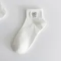 White short crew socks for women featuring a cute grey embroidered bow, pure cotton, cute style. - One Size / White Bow Pattern