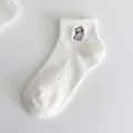 White short socks for women with cute cat embroidery, breathable cotton college style ankle socks. - One Size / White Cat