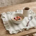 Decorative green striped cotton placemat with ruffled edges for elegant table settings - 42x42cm / Ruffle Trim Triple Stripe Style / 1 Piece / Verdant