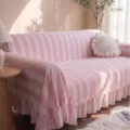 Funda de sofá gruesa de terciopelo con rayas rosas y blancas y elegante borde de volantes - 132-180cm / Rayas Rosas y Blancas