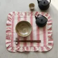 Red and white striped ruffled edge placemat for elegant dining table decoration set - 42x42cm / Ruffle Trim Triple Stripe Style / 1 Piece / Red