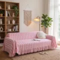 Funda de sofá de terciopelo a rayas rosa y blanco con volantes en un salón moderno - 132-180cm / Rayas Rosas y Blancas