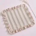 Elegant green and beige striped placemat with ruffled edges for dining table decor - 42x42cm / Ruffle Trim Triple Stripe Linen Style / 1 Piece / Verdant