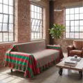 Red and green striped ruffled sofa cover made of thick plush fabric - 132-180cm / Magenta & Green Stripes