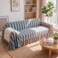 Premium blue and orange striped velvet sofa cover with elegant ruffle edge detail - 132-180cm / Dark Green & Pink Striped