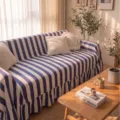 Premium navy blue and white striped velvet sofa cover with elegant ruffled edges - 132-180cm / Navy White Striped