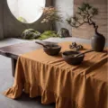 Tovaglia rustica in cotone lavato arancione con eleganti bordi a balze per sala da pranzo - Stile Foglia di Loto / 90x90cm / Colore caramello