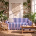 Pink and blue striped flannel sofa cover with elegant ruffle edge in a cozy living room - 132-180cm / Blue and Pink Striped