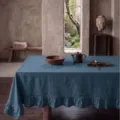 Tovaglia in cotone lavato verde acqua con elegante bordo a balze per stile rustico - Stile Foglia di Loto / 90x90cm / Teal