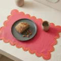 Boho style pink embroidered linen placemat with vintage scalloped orange borders - Gold Curved Embroidery / 33-48 / Rose Red