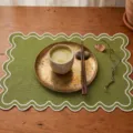 Vintage style green faux linen embroidered table placemat with white scalloped edges - White Curved Embroidery / 33-48 / Green