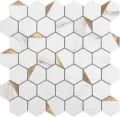 Pegatinas de pared 3D hexagonales de mármol y oro autoadhesivas para cocina y baño - Serie Hexágono (Blanco y Triángulo Oro)