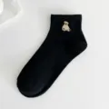 Black cotton short socks for women with cute bear embroidery, breathable and casual style. - One Size / Black Bear