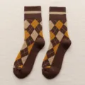 Premium men's thickened argyle terry crew socks in brown and yellow warm winter style - One Size (35-43) / Dark Coffee