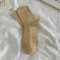 Khaki ribbed mid-tube socks for women, solid color cotton casual daily wear spring summer. - One Size (EU 35-40) / Khaki