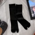 Women solid black split toe mid calf socks versatile casual hosiery for tabi shoes daily wear - One Size (35-40) / Black