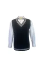 Detail of unisex navy V-neck cable knit sweater vest with white contrast striped trim. - S / Tops / Black