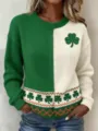 Close-up of a green and white knit sweater featuring St. Patrick's Day clover embroidery. - S / Tops / Green White Fair Isle (TBL769916)