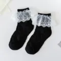 Japanese style cute black mid-calf socks featuring delicate white lace ruffled cuffs for sweet daily wear. - One Size (34-40) / Black Jacquard Lace Trim