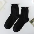 Black ruffle trim mid-calf socks for women, cute knitted ribbed cotton hosiery for daily wear. - One Size (34-40) / Black Ruffle Trim
