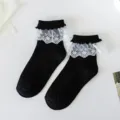 Cute black Lolita mid-tube socks with white lace frills, sweet Japanese style daily wear. - One Size (34-40) / Black Large Lace