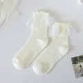 White Lolita mid-tube socks for women with cute lace ruffles, sweet Japanese style hosiery. - One Size (34-40) / Beige Wide Lace Trim