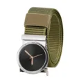 Olive green nylon outdoor belt for men with unique minimalist watch-face automatic buckle - Green