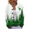 Christmas tree deer print knit cardigan detail view, green and white festive sweater close up. - S / Tops / Green White Gradient