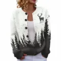 Close-up of the stylish Christmas deer pattern on the knitted cardigan with buttons. - S / Tops / Black and White Gradient