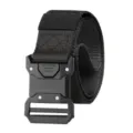 Black tactical belt with alloy buckle, durable canvas web strap for outdoor sports and daily wear. - Black
