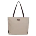 Bolso tote minimalista de lino beige con correas marrón oscuro y etiqueta central - Caqui