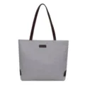 Bolso tote de lino gris con correas marrones, bolso de hombro informal de gran capacidad. - Gris claro